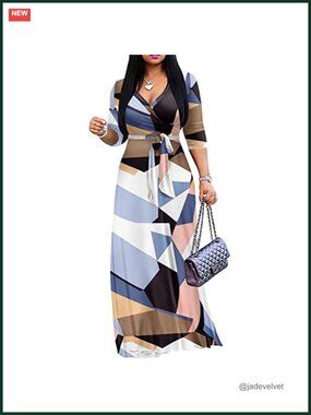 Plus Size Maxi Dress for Women Casual V-Neck 3/4 Sleeve Fitted Wrap Dress with